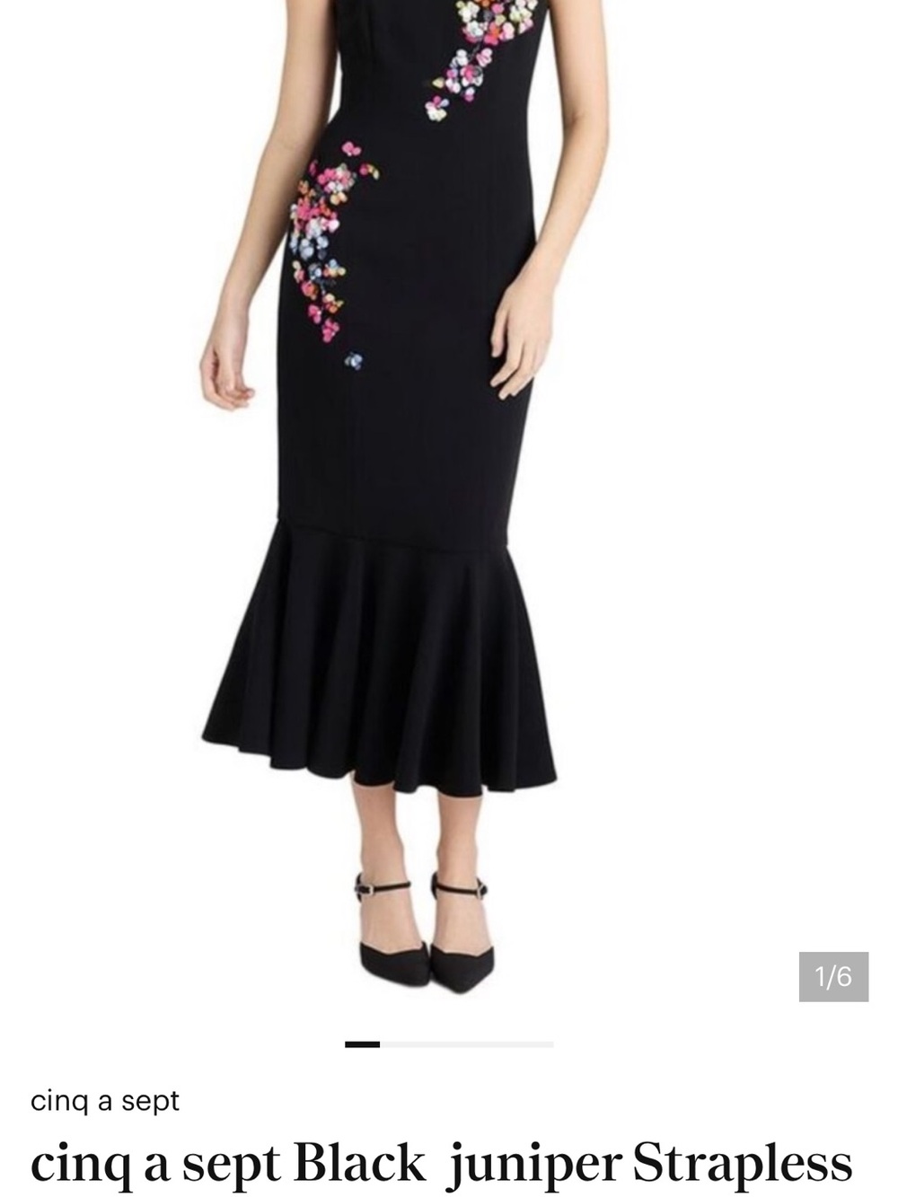 cinq a sept Black Strapless Mermaid Midi Skirt with Multicolor Floral Embroidery